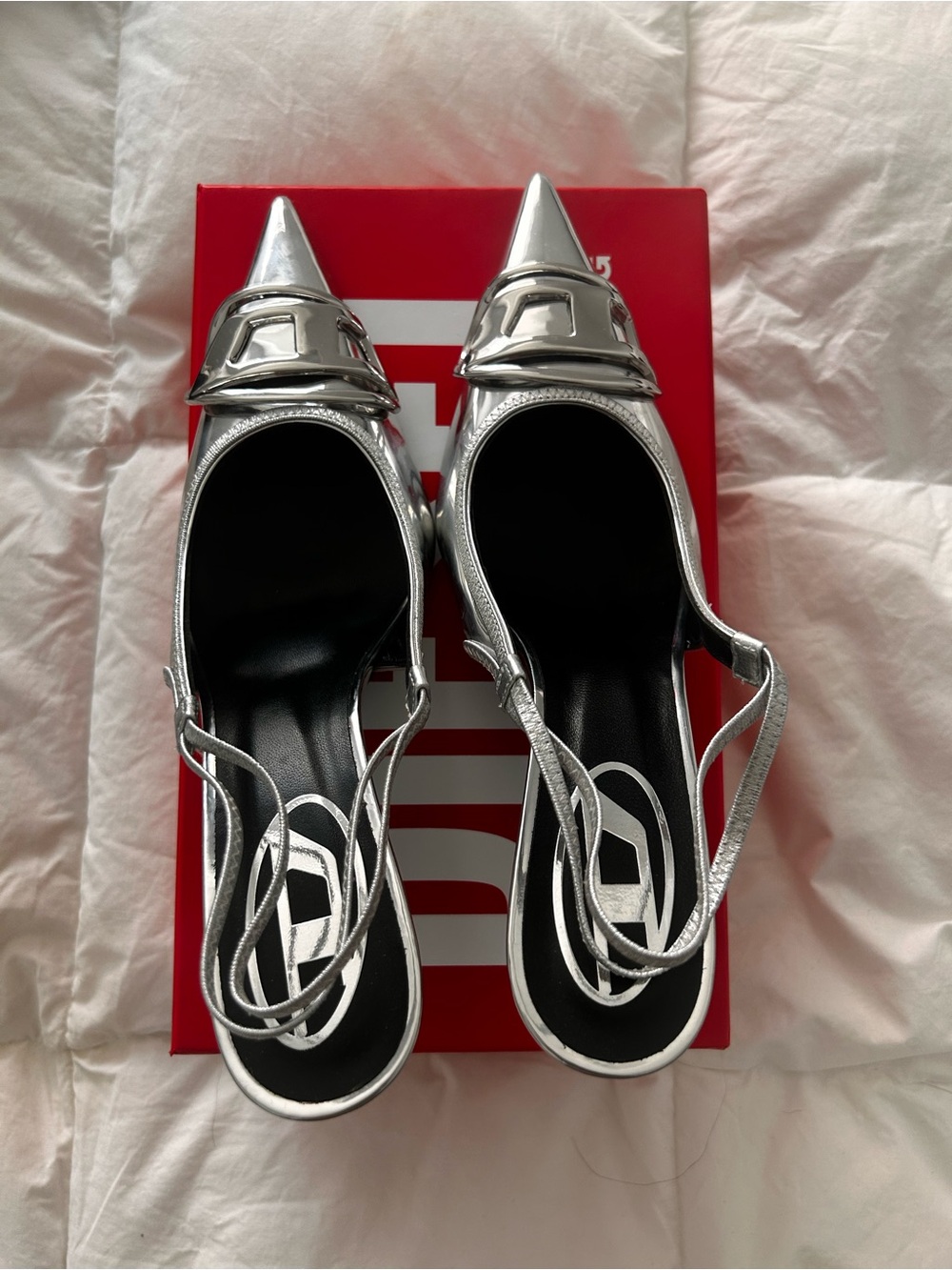 Diesel Silver Metallic Pointed Slingback Pumps with Buckle - Picture 6 of 6